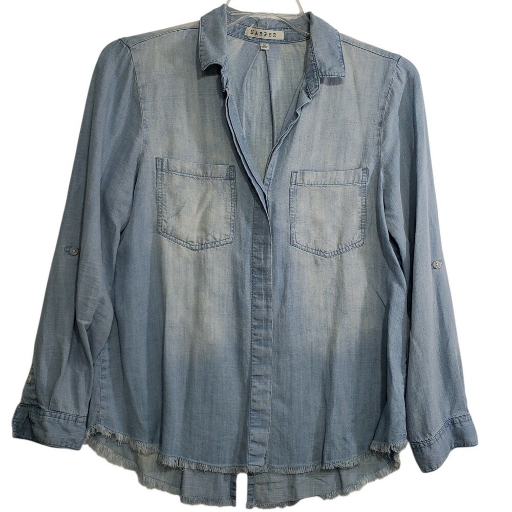 Harper Women's Medium 100% Lyocell Button Front Shirt with Unfinished Fringe Hem